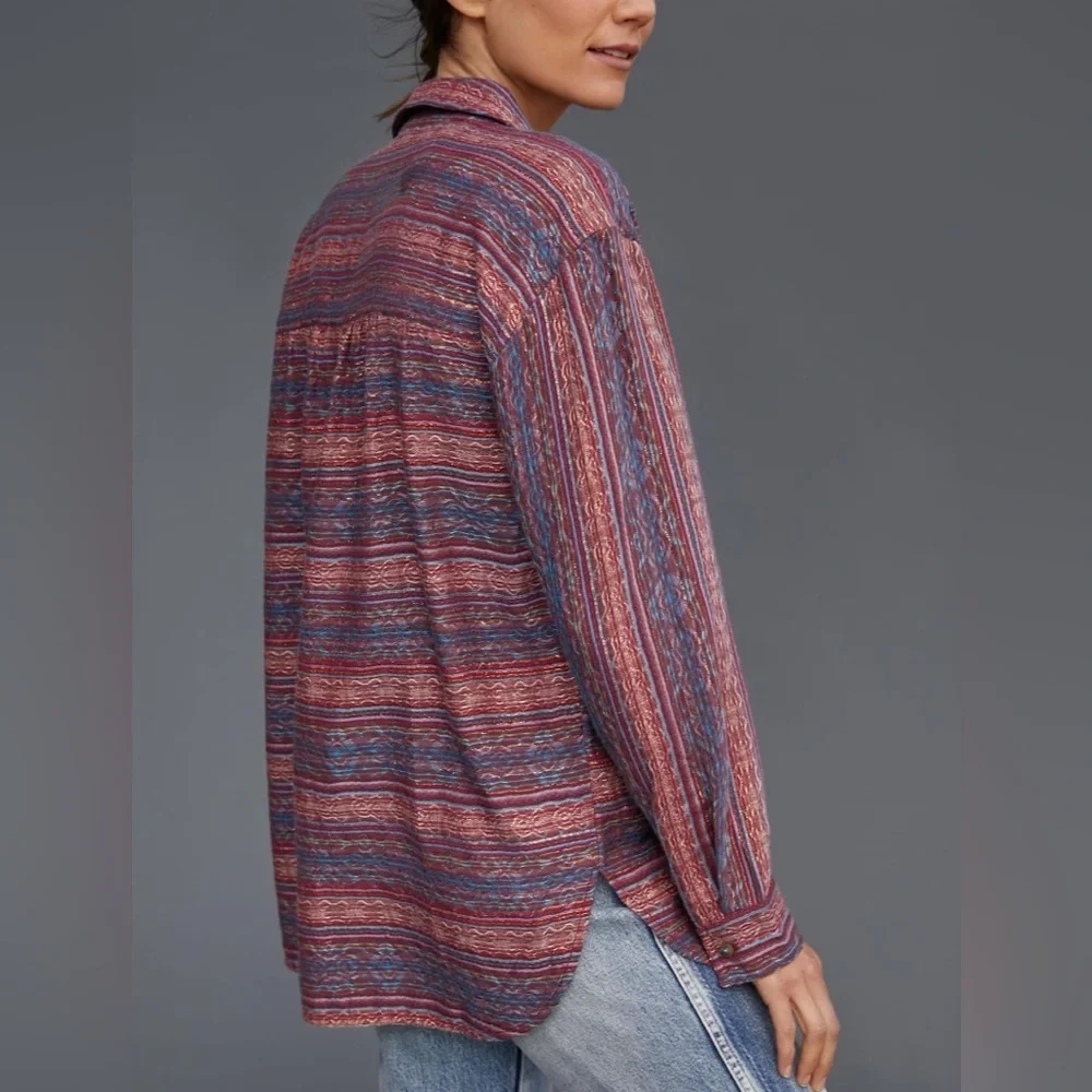 Pilcro Anthropologie Seamed Tunic Buttondown in Metallic Plum Small Wool Blend - Picture 2 of 10